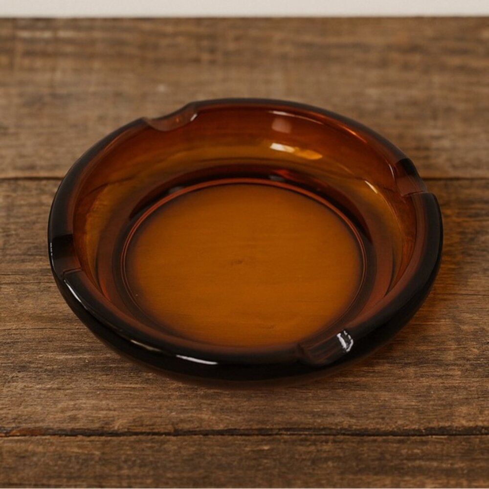 Vintage Amber Glass Ashtray – Mid-Century Modern Heavy Pressed Glass